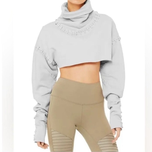 Alo Yoga Splice Long Sleeve Crop Sweatshirt Top Grey Womens Sz M - Picture 8 of 10